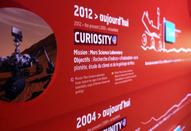 Design, sign, exhibition, Cité de l'Espace - Curiosity mission, Mars Science Laboratory, habitability, geology, red planet 2012 by cubedesigners