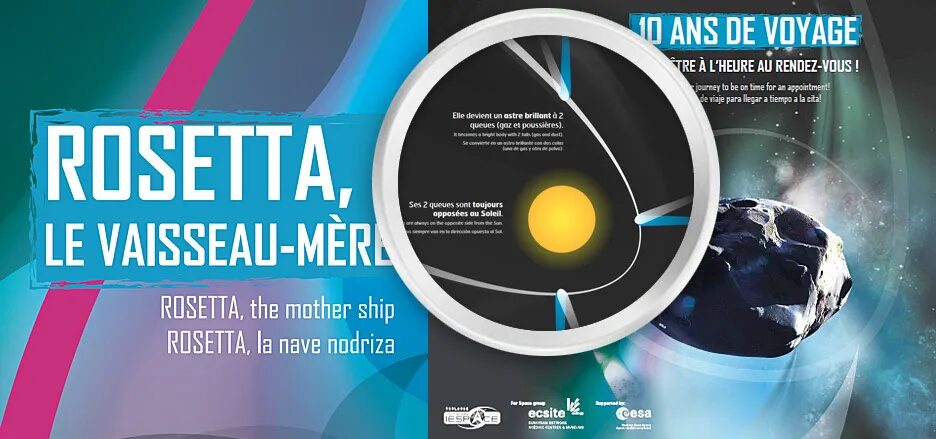 Design panel exhibition Cité de l'Espace - Rosetta mothership 10 years of travel comet tails gas dust ESA multilingual by cubedesigners