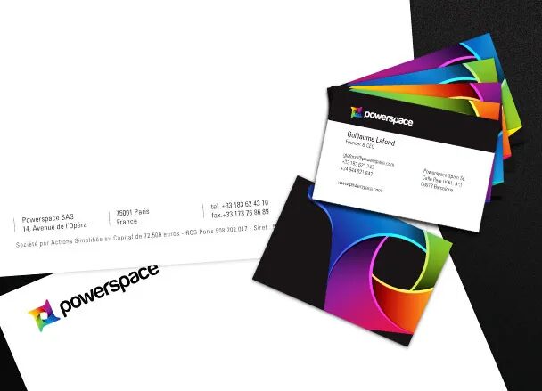 Powerspace stationery with multi-colored business cards.