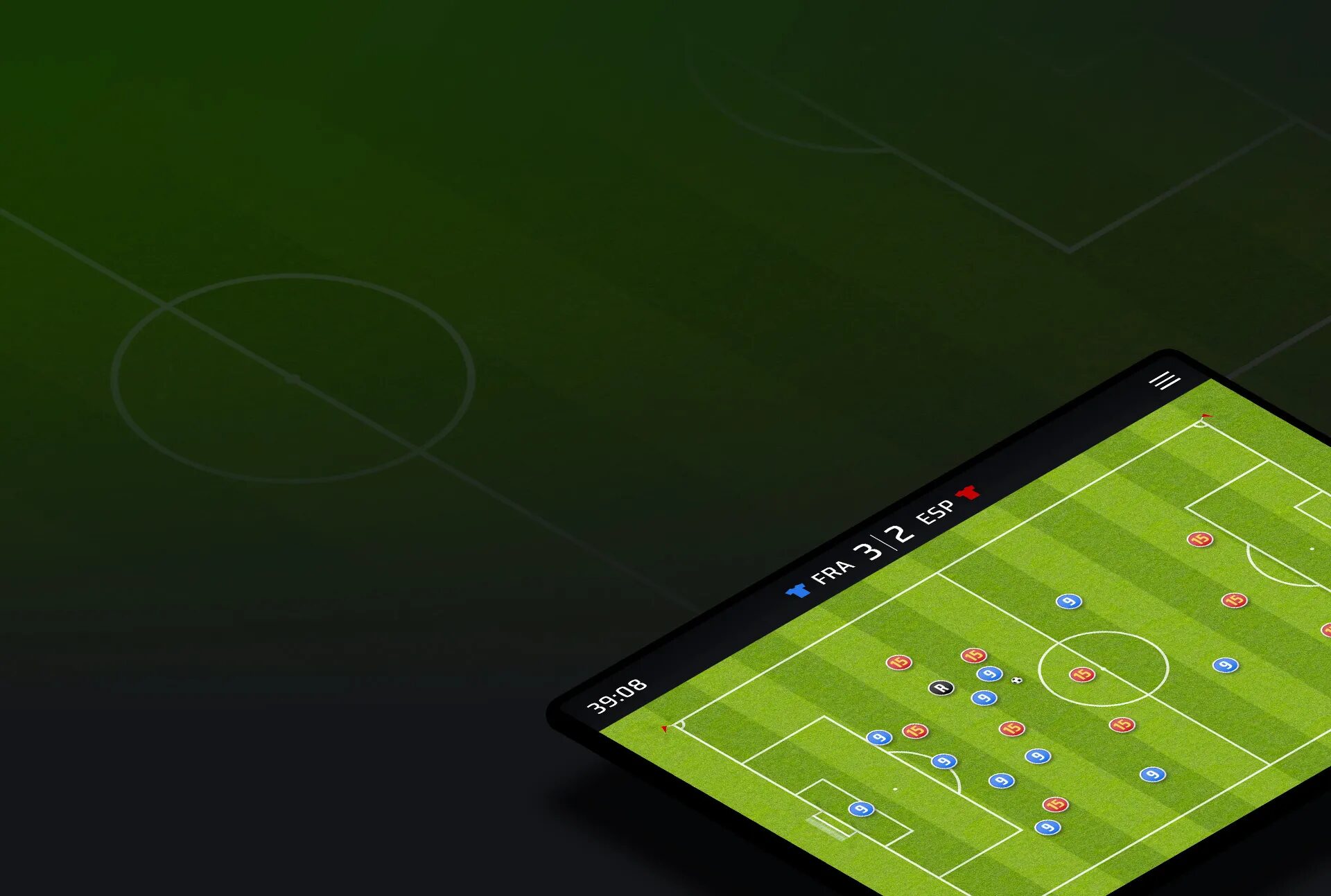 Interface SkillCorner affichée sur tablette, avec données de tracking et analyses sportives sur un terrain de football numérique
