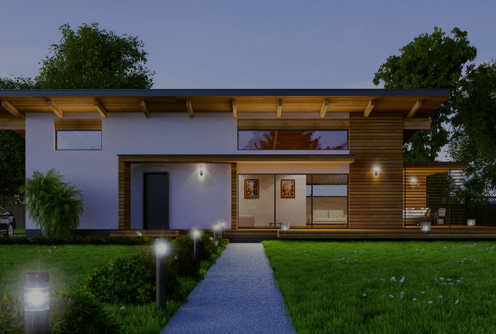 Visuel Solaire Box montrant une maison écologique moderne avec bardage bois, jardin éclairé et présentation de studios écologiques et maisons autonomes