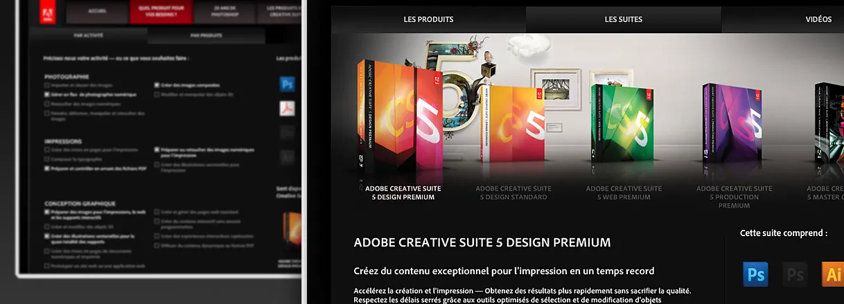 Adobe Creative Suite 5 visual with product selection.