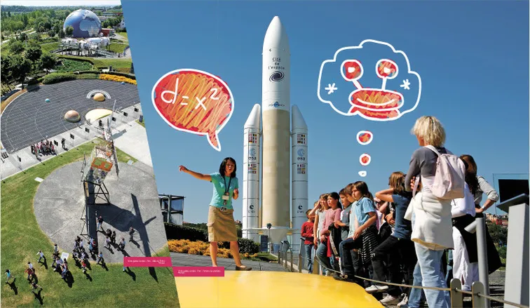Educational visual on the Cité de l'espace with an Ariane rocket.
